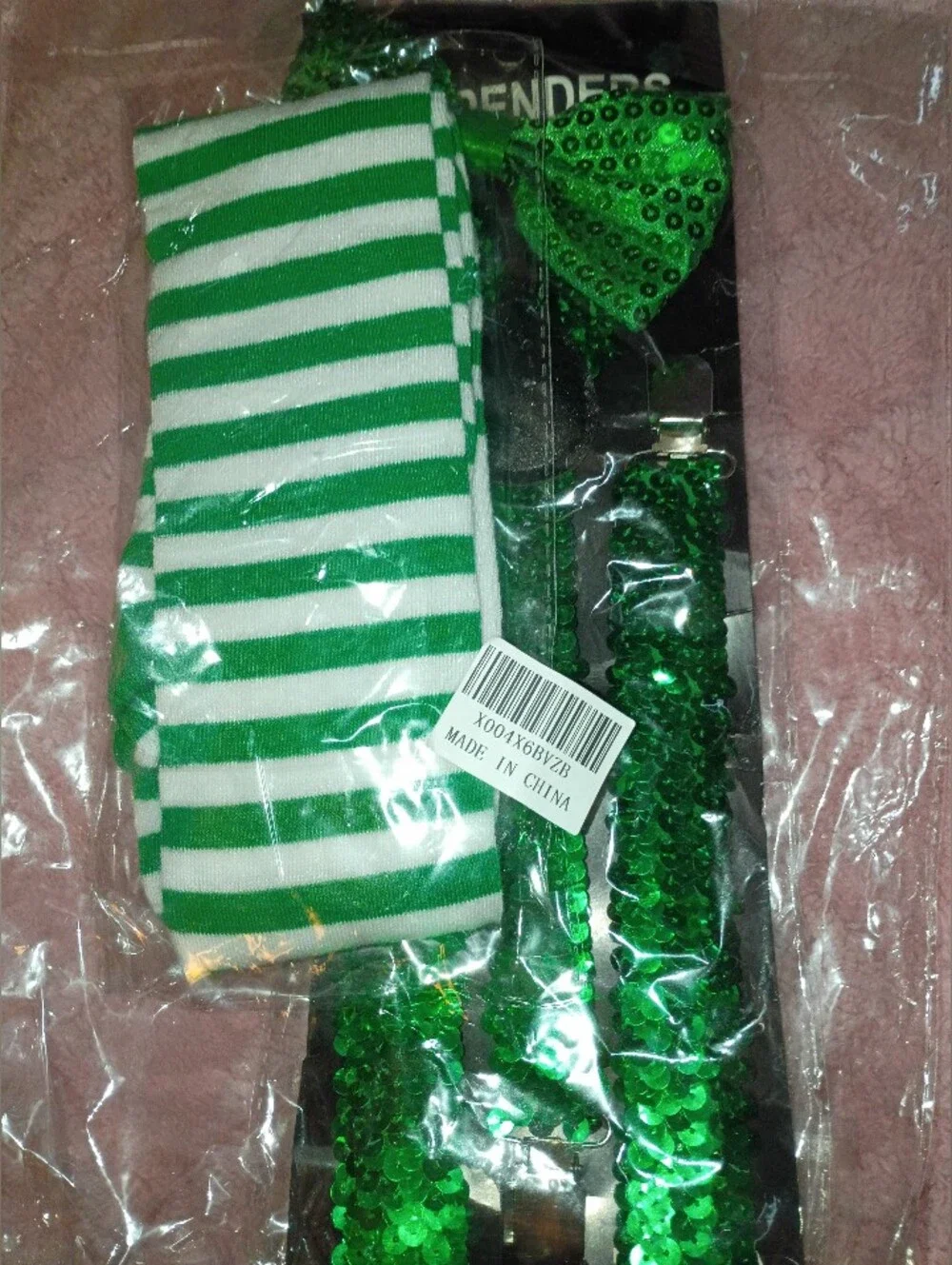 Green Shamrock Socks & Sequin Bow Tie Suspenders Set - Party Accessories NWT